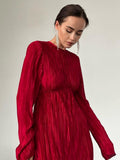 Yipinpay Luxury Elegant Dress Women Pleated Spring Party Dress Lady Slim Long Sleeve Midi Dress Evening 2023 Robe Hollow Out