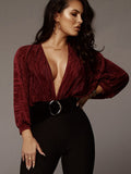 Yipinpay Deep V-Neck Pleated Sexy Bodysuit For Women Black Long Sleeve Bodysuit Rompers Femme Fall Clothing 2023 Fashion Tops