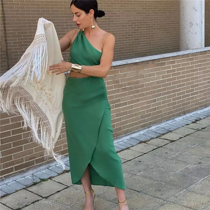 Yipinpay 2023 Cut Out Long Dress Women Asymmetric Green Sleeveless Dress Woman Ruched Off Shoulder Midi Summer Elegant Party Dresses