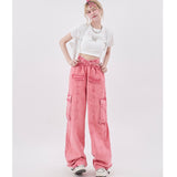 yipinpay Women Pink Cargo Pants High Waist Casual Vintage Fashion Leisure Straight Wide Leg Pants Female 2023 Summer Mopping Trouser