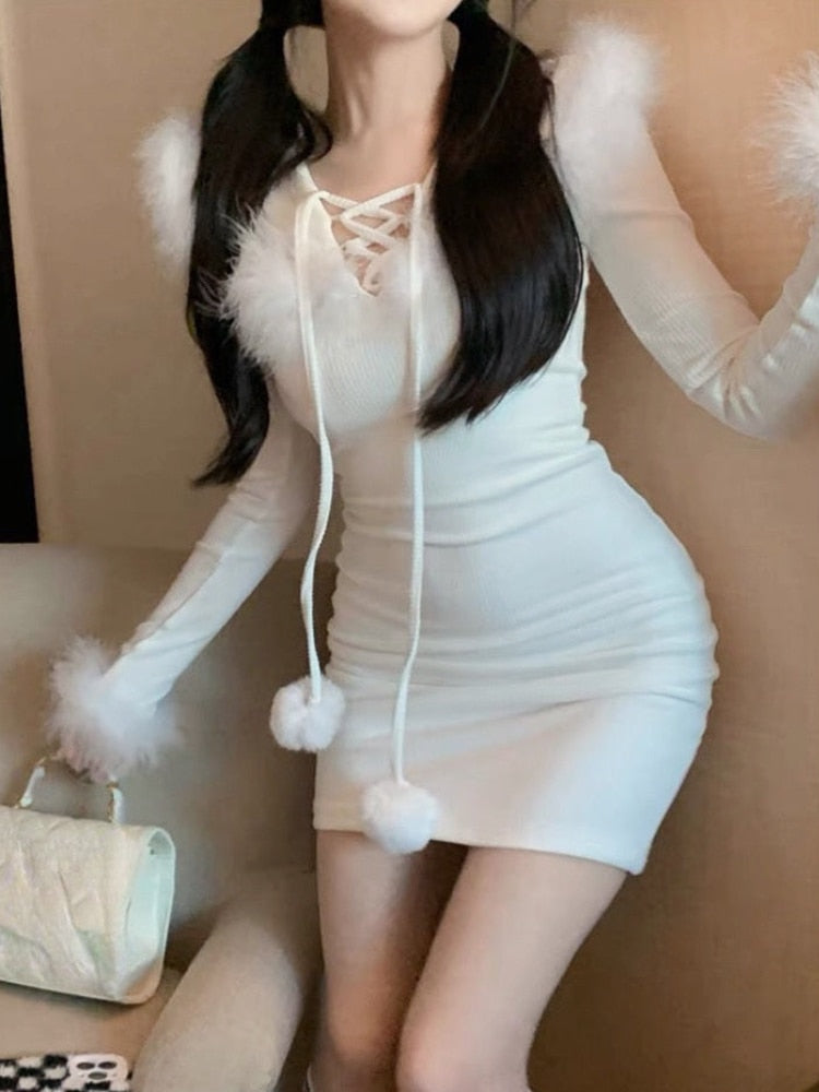Yipinpay Bodycon Y2k Mini Dress Party 2023 Winter Pure Color One Piece Dress Korean Fashion Slim French Elegant Casual Dress Design