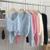 Yipinpay Cashmere Camisole Tops Korean Fashion Fleece Short Pink Cardigan Knitted Coat Pull Sueter White Sweaters for Women 2 Sets