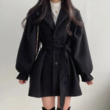 Yipinpay Women Solid Wool Blend Coat Slim Fit Belt Coats Female Warm Cotton Thick V-neck Office Lady Elegant Trendy Button Outwear Ins