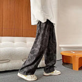 Yipinpay Mens Corduroy Pants Loose Casual Wide Leg Sweatpants for Women Vintage Distressed Printed Straight  Trousers Fashion Streetwear