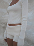 Yipinpay Women Y2K Vintage Set 2Pieces Cleanfit Suits Knit Solid Color Long Sleeve Pullover Sweaters +Low Waist Shorts Outfits