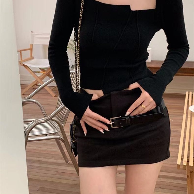 Yipinpay Sexy Black Mini Skirt with Shorts 2023 Fashion Women Trending Low Waist Belt Patchwork Slim Pencil Mini Skirt Y2k Skort