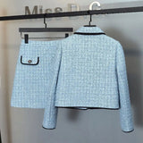 Yipinpay Blue Tweed Jacket Short Cardigan Autumn Winter Womens Two Peice Sets Mini Skirts Plaid Shirts Korean Suits