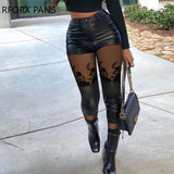 Yipinpay Women Mesh&Pu Leather Patch High Waist Zipper Pants Skinny Spring&Autumn Black Pencil Pants