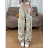 yipinpay Y2K White Vintage Cargo Jeans Fashion Pocket High Waist Straight Pants High Street Baggy Wide Leg Denim Trouser Ladies