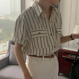 Yipinpay Mujer De Moda 2023 Cargo Office Lady Vintage Blouse Lapel Vertical Stripe Shirt Short Sleeved Loose Casual Top Y2k Grunge