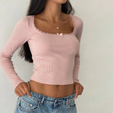 Yipinpay Women Y2K Vintage Kawaii Long Sleeve Square Neck Bow Knot Lace Trim Patchwork Slim Fit Fairycore Fall Tops Streetwear