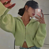 Yipinpay Lapel Double Zipper Cardigan Candy Sueters Mujer Pull Jumpers Y2k Clothes Oversized 2023 Sweaters for Women Black Fall Lazy