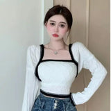 Yipinpay Crop Top Strapless Camisole 2 Piece Sets Korean Clothes V Neck White Knitted Cardigan Jacket Twist Sweater Argyle Shawl