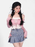 Yipinpay Kawaii Denim Mini Skirt Women Sexy Gyaru Pink Bow Bandage Lace Patchwork High Waist Pleated Jean Skirt Y2k Shorts Summer