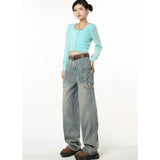 yipinpay Blue High Waist Women Jeans American Fashion Streetwear Wide Leg Jean Female Winter Trouser Straight Baggy Denim Pants