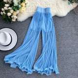 Yipinpay Trousers Women Baggy Pants New Wide Leg Ruffled Flare Pants Elastic Waist Pleated White Tulle Pants Thin Spring Wild