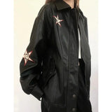Yipinpay American Vintage Embroidered Leather Jacket Women Black PU Faux Fur Coat Letter Jaqueta Chaquetas Mujer Faux Leather