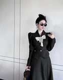 Yipinpay Piece Sets Womens Outfits Bow Woolen Coat A Line Swing Black Skirts Long Puff Sleeve Shirts Korean Clothes 2023 Fall