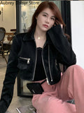 Yipinpay Cropped Leather Jacket Women Streetwear Moto Biker Zipper Leather Jacket Punk Winter Irregular Faux Fur Aviator Coat New