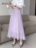 Yipinpay Women Tutu Skirts 2023 Spring Summer Elegant Korean Fashion Slim White Skirt Woman Chic Mesh Purple Kawaii Lace Faldas