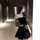 Yipinpay 2023 Black Retro Dress Women Lace Chiffon Mini Dress Female High Street Sexy Korean Fashion Dress Women Club Dress