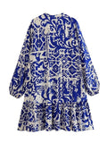 Yipinpay Blue Print Mini Dress Woman Long Sleeve Short Dresses For Women Ruched Loose Women's Dress 2023 Summer Casual Dresses