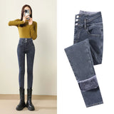 Yipinpay Leggings Jeans Women Velvet Thicken Warm Pencil Pants Casual High Waist Female Korean Thermal Straight Skinny Denim Trousers