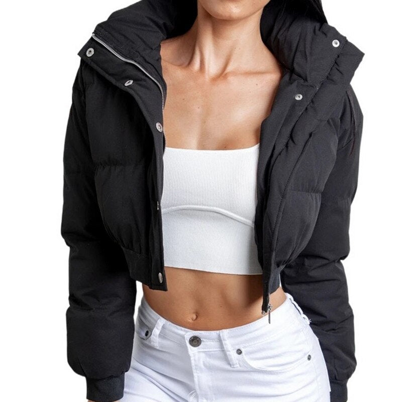 Yipinpay Women Short Puffer Jackets Fall Winter Coats Crop Tops Adults Solid Color Long Sleeve Stand Collar Outerwear with Pockets