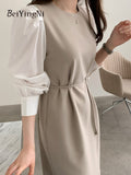 yipinpay Korean Chic Long Sleeve Midi Dresses Women 2023 Spring Autumn Casual Eelgant Office Ladies Dress Sashes Spell Color