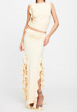 Yipinpay Fashion Women Summer 2 Pieces Outfits Solid Color Crew Neck Sleeveless Tank Tops Ruffles Slit Long Skirts Set Street Style