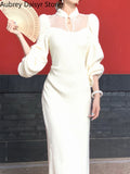 Yipinpay Elegant White Knitting Dress Women Pretty Hollow-out Lace Long Dress New Korean Style Cheongsam Party One Piece Dress Y2k