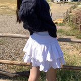 Yipinpay Y2k White Mini Skirt Women Summer Korean Fashion Embroidered Double-layer Ruffle Fairycore Cute High Waist Skirt Shorts
