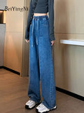 yipinpay Korean Fashion Wide Leg Jeans Women Elastic Waist Drawstring Casual Loose BF Baggy Pants Female Y2K Cowboys Jeans 6XL