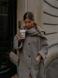 Yipinpay Loose Knit Coat With Scarf Women Chic Round Neck Long Sleeved Pockets Jacket Single Breasted Autumn Winter Lady Outwear