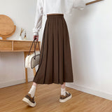 Yipinpay Vintage Brown Pleated Long Skirts Women Korean Fashion High Waist Chic Elegant A-line Midi Skirt for Girls Preppy Style