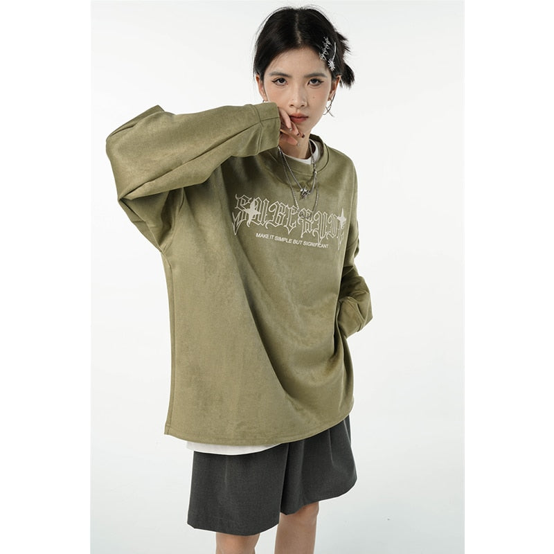 yipinpay Women Green Sweatshirt Round Neck Letter Printing Fashion Hip Hop Leisure Thickening Warm Winter New Long Sleeves Pullover Tops