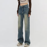 Yipinpay Retro Blue Washed Bootcut Jeans For Women Y2k Fashion High Waisted Wide Leg Pants Female Bottoms Cotton Denim Trousers