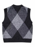 Yipinpay Knitted Sleeveless Vest For Women Cropped Argyle Sweater Women Knitting Vest Woman Winter 2023 Vintage V Neck Knit Sweater