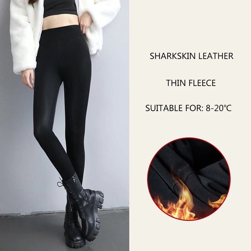 Yipinpay Autumn Winter New Thermal Leg Warm Women's Leggings Leather High Waist Fleece Velvet Black Tights Sexy PU Faux Female Pants