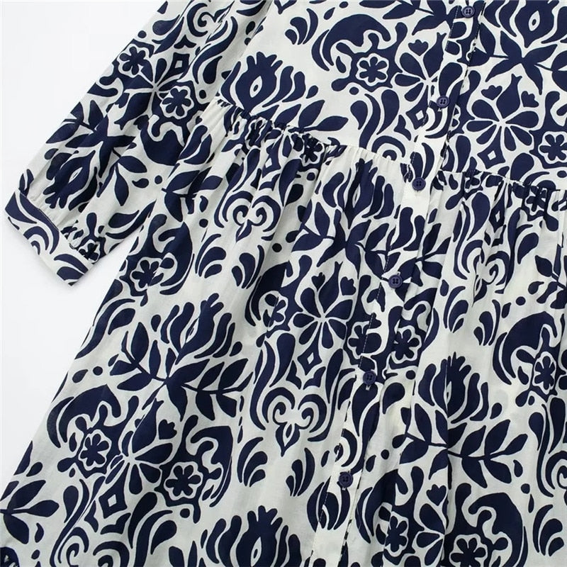 Yipinpay Blue Printed Long Dress Women Ruffle Shirt Dress Woman 2023 Ruched Midi Dresses Loose Casual Summer Women's Dresses
