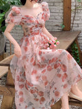 Yipinpay Floral Midi Dress Beach Style 2023 Summer Short Sleeve Elegant Dress Woman Boho Casual One Piece Dress Korean Fashion