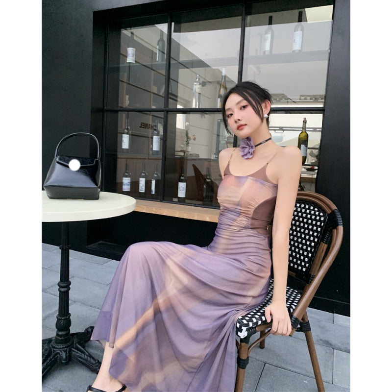 yipinpay Dress Womens Straps Dress Tie-dyed Sleeveless Fashion Y2K Suspender 2023 Female Summer Temperament Elegant Party Dress