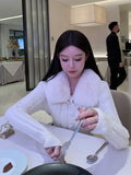 Yipinpay Collar Sweater Slim Retro Korean Knitted Cropped White Cardigan Autumn Twist Sweaters Women Elegant Mujer Jacket Shirt