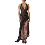 Yipinpay Sexy Women Lace Dresses Sleeveless Solid Color Hanging Neck Casual Party Spring Summer Split Dress Club Street Style Hot