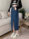 Yipinpay A-line High Waist Long Vintage Versatile Split Denim Skirt Woman