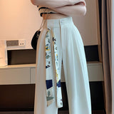 Yipinpay 2023 New Stylish Women Baggy Pants Sashes Casual Loose Elegant Office Ladies Wide Leg Pants Korean Chic White Trousers