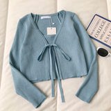 Yipinpay Casual Fashion 2 Piece Set Women Solid V-neck Long Sleeve Lace Up Short Knitted Cardigan Camis Knitwear Elegant Tops