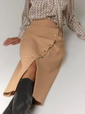 Yipinpay Vintage Khaki Button Slit Skirts Elegant Women Autumn 2023 High Waist A-Line Skirts Office Ladies Black Midi Skirts