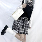 Yipinpay Women Skirt White Black Plaid Short Skirts Rivet Punk Style Double Layer High Waist Ball Gown MINI Skirt Female