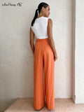 Yipinpay Elegant Orange High Waist Pants Pleated Wide Legs Cotton Linen Trousers Office Ladies 2023 Breathable Pants Summer